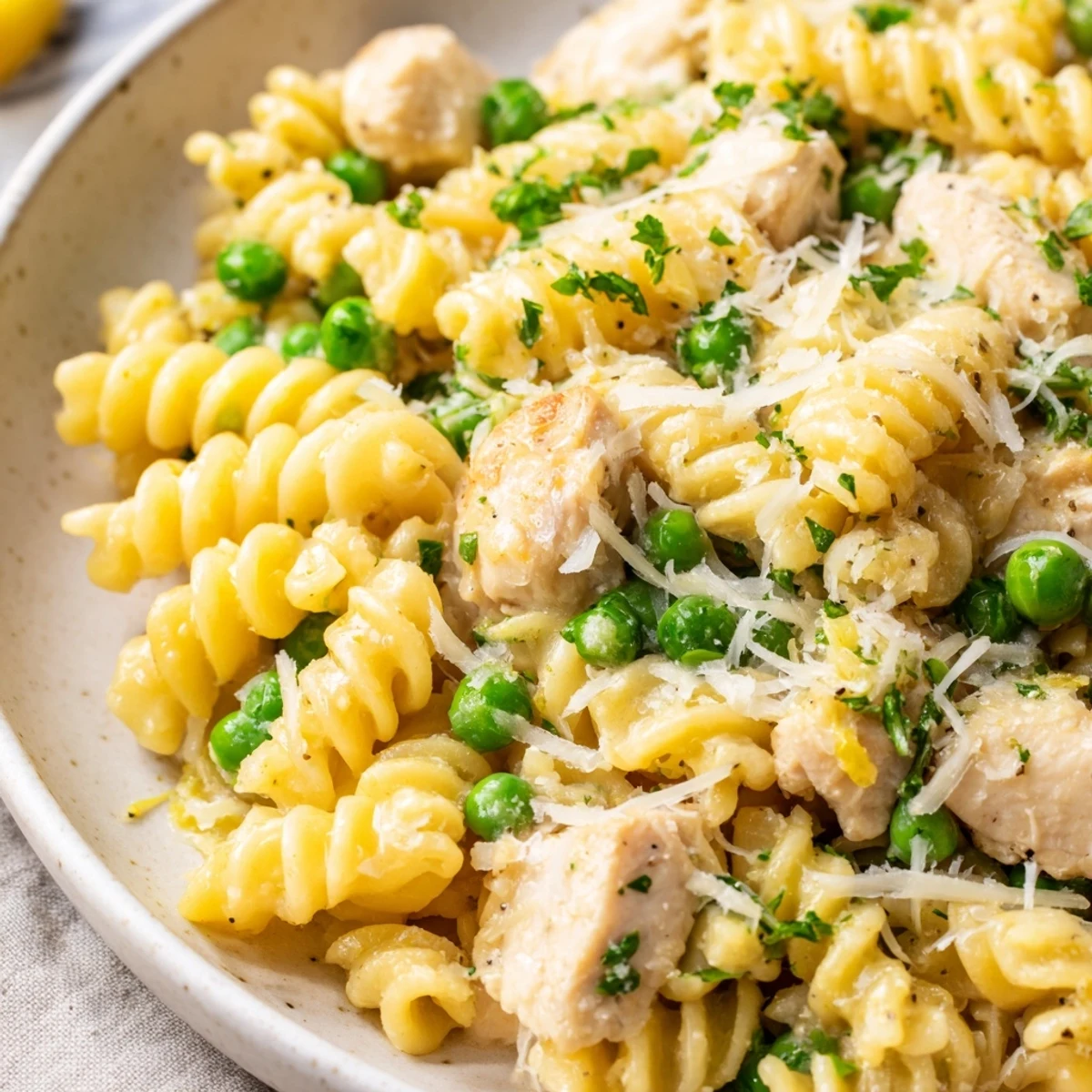 Sizzling golden chicken and bright green peas mingle with curly pasta, all coated in a glossy garlic butter sauce in this Garlic Butter Chicken & Pea Pasta dish.