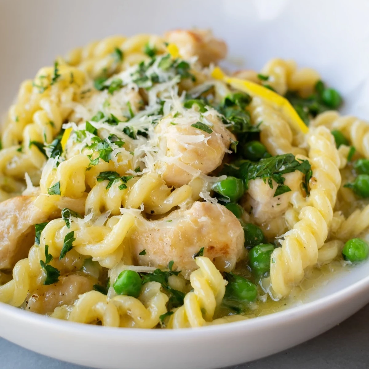 A close-up view shows tender chicken pieces, al dente fusilli, and vibrant peas tossed in a creamy garlic butter sauce, garnished with fresh parsley and lemon zest.