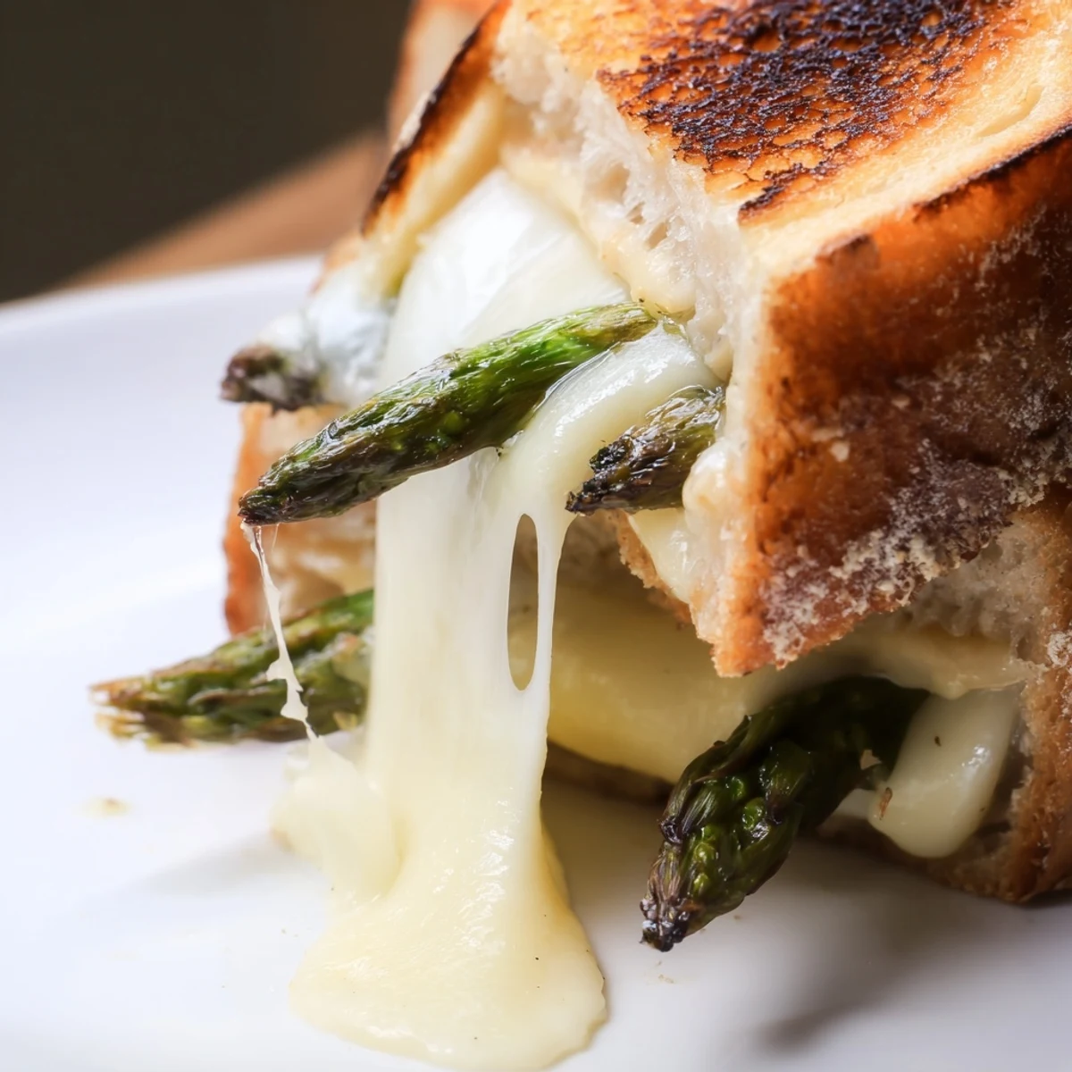 Asparagus & Brie Grilled Cheese sandwich with golden, buttery sourdough and melted cheese, ready to serve.