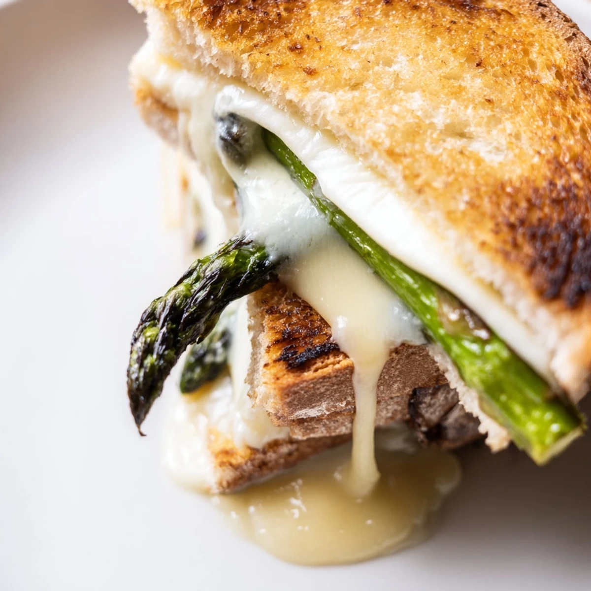 Asparagus & Brie Grilled Cheese in a skillet, featuring creamy Brie and tender green asparagus.