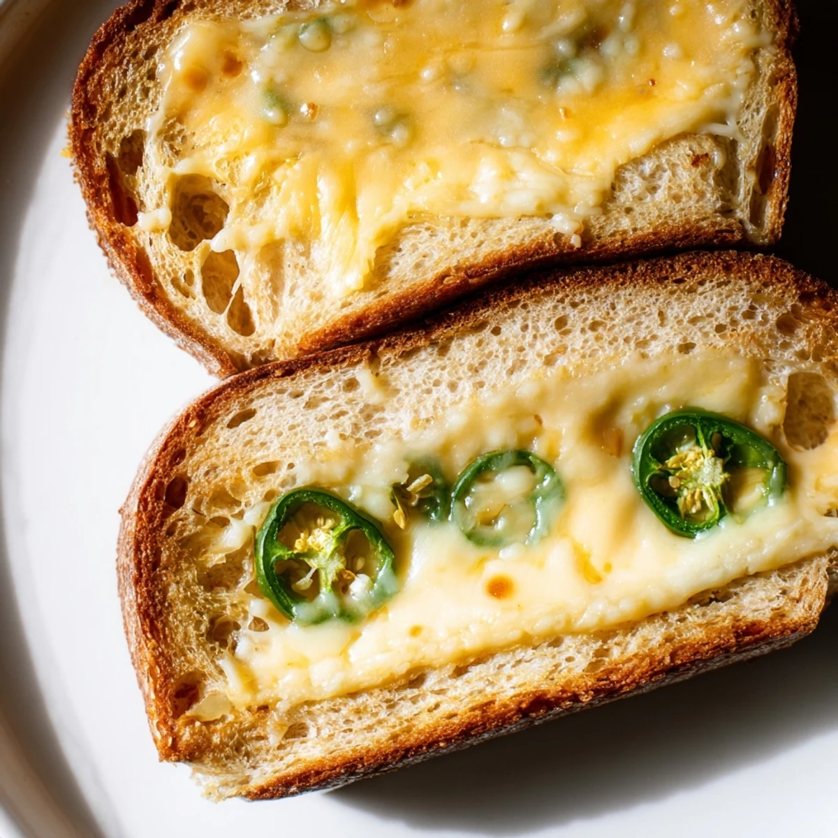 The golden, crispy Jalapeño Havarti Grilled Cheese, oozing with melted cheese and spicy peppers, is served hot.  
