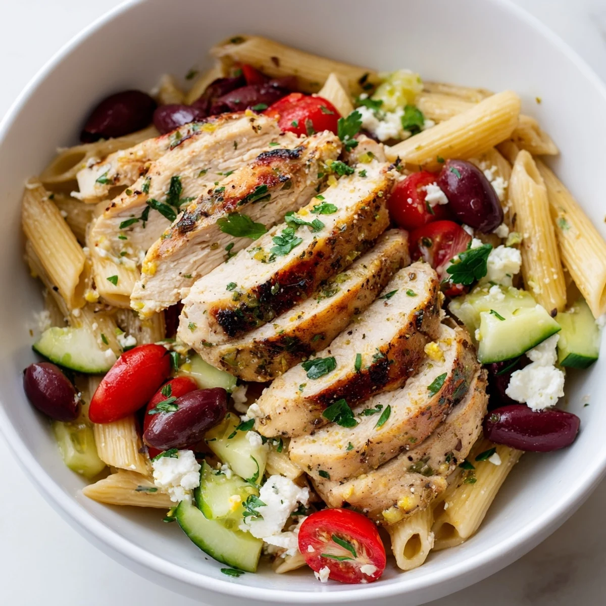 Sliced lemon-garlic chicken rests atop a Greek Chicken Pasta Bowl, with juicy tomatoes, crisp cucumber, and crumbled feta.