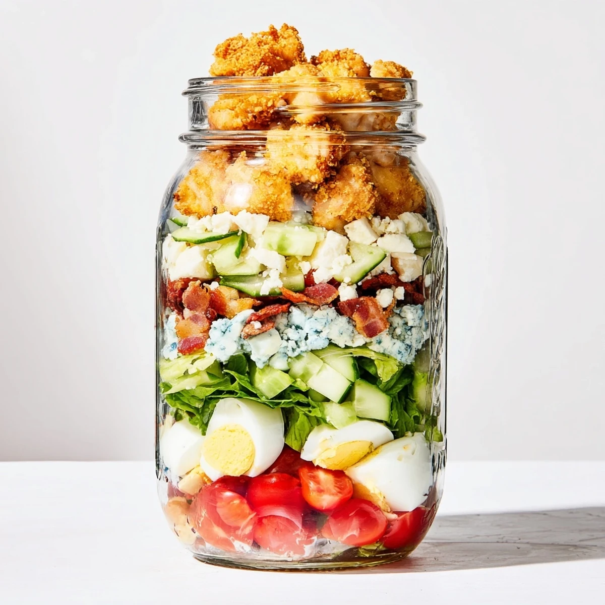 A close-up of a Crispy Chicken Cobb Jar Salad layered with golden chicken, hard-boiled egg, smoky bacon, and creamy blue cheese inside a mason jar.  
