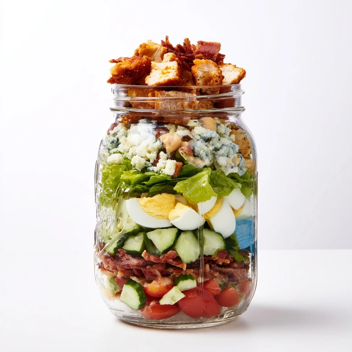 Overhead view of a Crispy Chicken Cobb Jar Salad showcasing crispy chicken bites, avocado, and tangy blue cheese, drizzled with a creamy chive dressing.