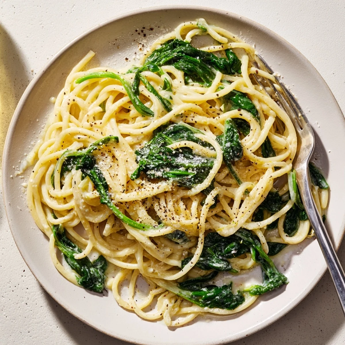 Close-up of Creamy Lemon Spinach Spaghetti in a white bowl, garnished with fresh lemon zest and grated Parmesan, steam rising softly.