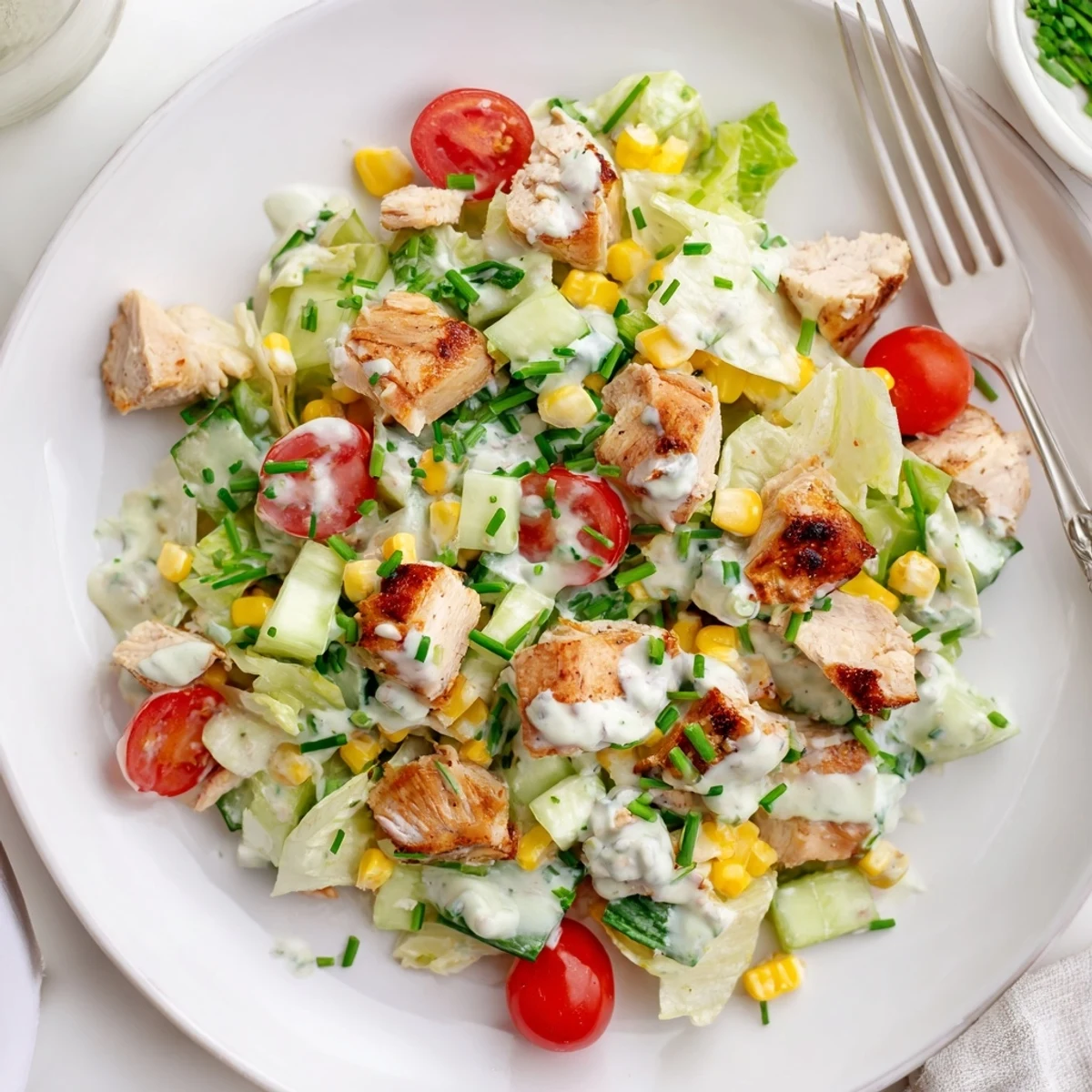Hearty Ranch Chicken Chopped Salad with tender chicken, crunchy cucumbers, and sharp cheddar, tossed in a cool ranch dressing.