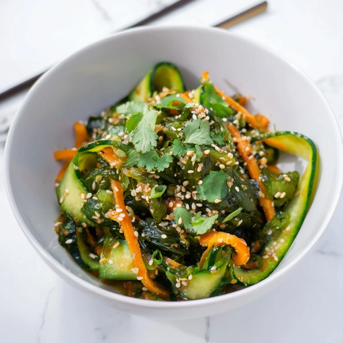 A vibrant bowl of Seaweed Salad featuring rehydrated wakame, crisp cucumber, and carrots tossed in a tangy sesame-ginger dressing.