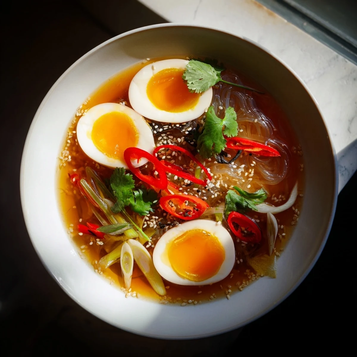 A close-up of Shirataki Noodles With Broth, featuring silky noodles submerged in golden, steaming bone broth.  
