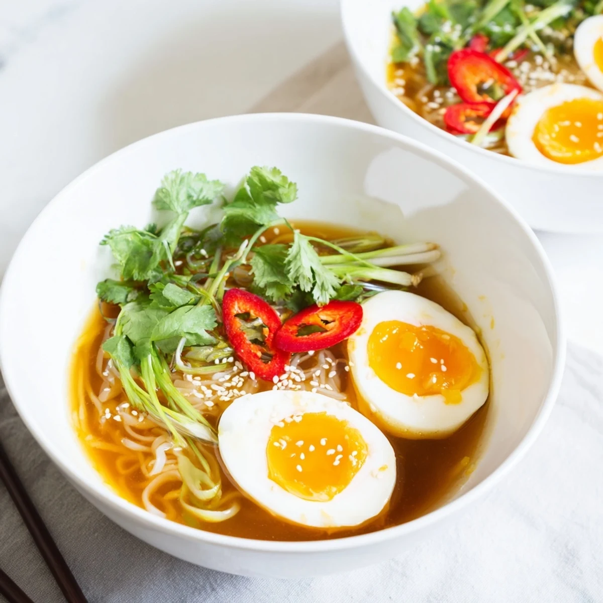 Healthy Shirataki Noodles With Broth with chili slices and sesame seeds, a light, comforting low-carb meal.