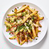 Savory Truffle Parmesan Fries served hot beside a creamy garlic aioli dipping sauce for a decadent snack.