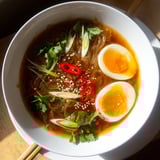 Shirataki Noodles With Broth served in a rustic bowl, topped with soft-boiled egg halves and fresh spring onions.  