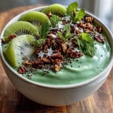 Creamy green protein smoothie bowl featuring fresh spinach, avocado, and banana, artfully decorated with kiwi shamrock and crunchy granola for a festive St. Patrick's Day breakfast.