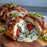 Baked Caprese Stuffed Chicken Breast featuring tender chicken pockets filled with mozzarella, tomato, and basil, served with balsamic reduction.  