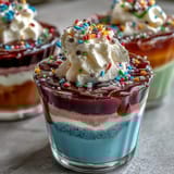 Rainbow Jello Cups for Kids: Fruity gelatin layers in red, orange, yellow, green, blue, and purple, topped with fluffy whipped cream and sprinkles.
