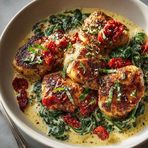 Tuscan Chicken and Spinach in a creamy sauce, garnished with basil, ready to serve.