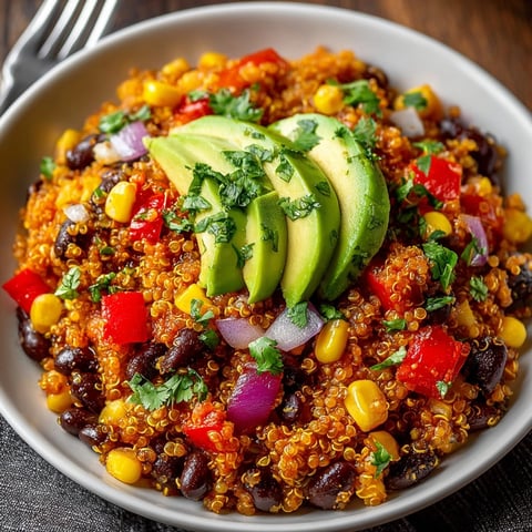 Steaming one-pot Mexican quinoa with black beans and corn, ready to garnish with fresh cilantro.