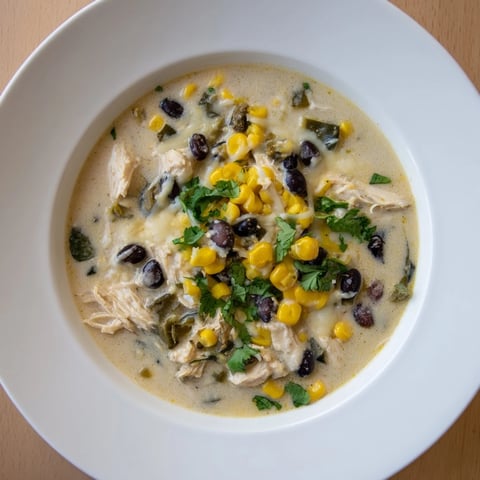 Steaming bowl of Chicken Poblano Soup, garnished with cilantro, ready for a comforting meal.