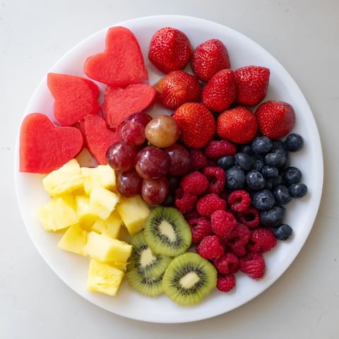 Vibrant sweetheart fruit board arranged into a heart shape, showcasing colorful, fresh pieces.