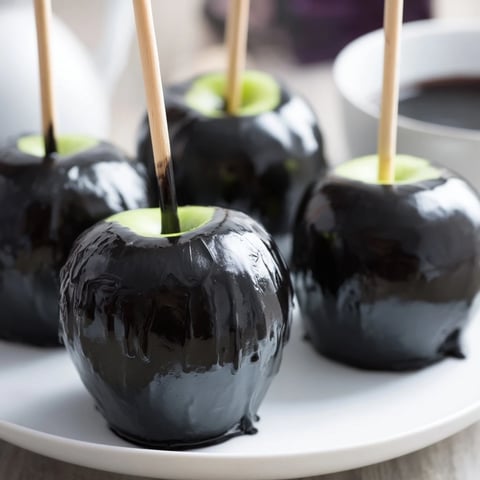 Close-up of shiny black Poison Apple Halloween treats displayed with party snacks and dips.