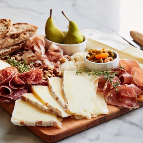 Winter Mountain Cheese Platter with various cheeses, charcuterie, and warm, crusty bread slices.