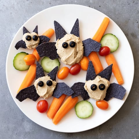 Creamy Spooky Bat Bean Dip Platter, a festive Halloween appetizer with black bean bats and veggies.
