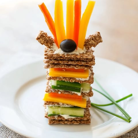 Giraffe Tall Cracker Stacks showcase a whimsical snack with layered cheese, veggies, and crackers, visually appealing.