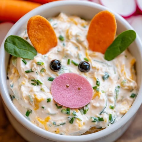 Whimsical piggy face dip bowl with a creamy, cheesy dip and colorful fresh vegetable dippers.