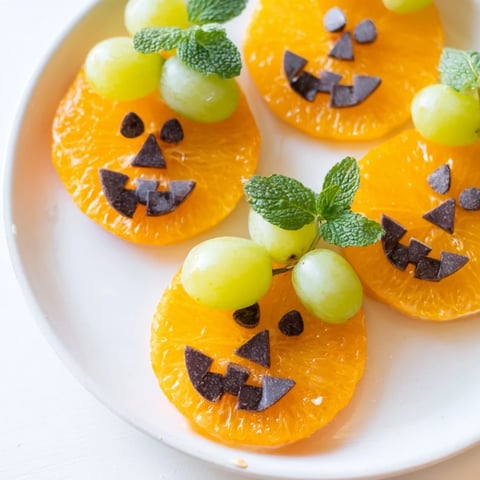 Festive pumpkin patch orange slices arranged with mint stems, a healthy Halloween snack.