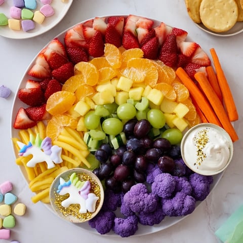 Vibrant Magical Unicorn Rainbow Snack Board: a colorful healthy platter with fruit, veggies, and dips.
