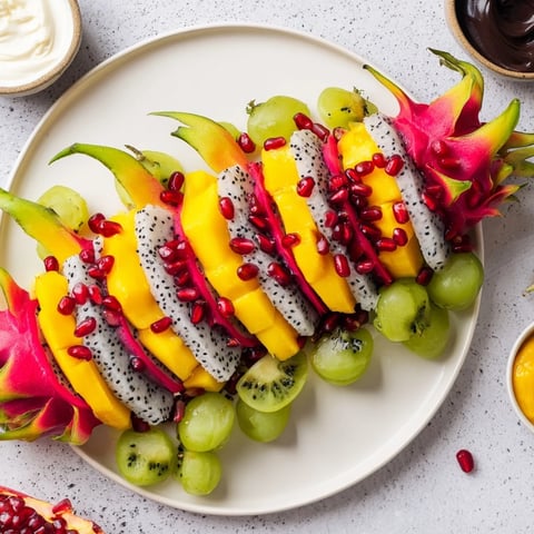 Vibrant Dragon Scales Fruit and Dip Board with colorful fruit layers next to creamy yogurt and melted chocolate.