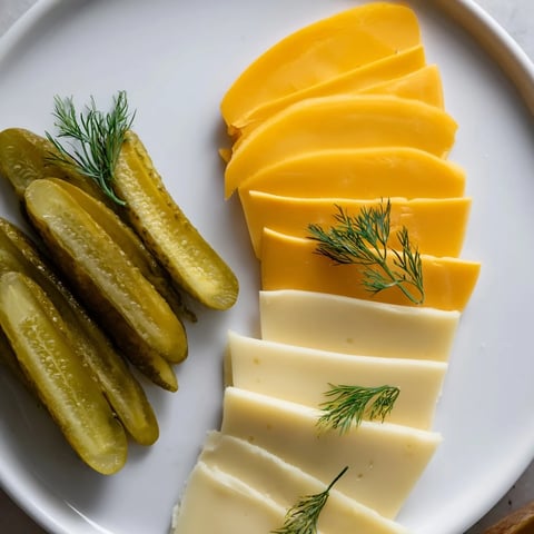 Platter of creamy sliced cheese and zesty dill pickles, perfect American appetizer for snacking.
