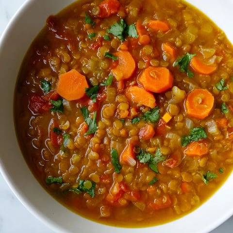 Steaming bowl of Spiced Carrot Lentil Soup, vibrantly orange, garnished with fresh cilantro and a lemon wedge.