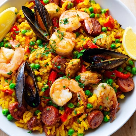 A steaming paella, with golden rice and colorful seafood, ready for a delicious feast.