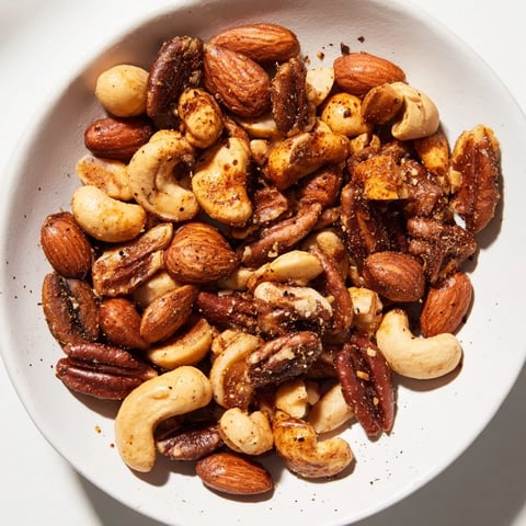 Golden, spiced nuts mix, a tempting snack with roasted almonds, cashews, and pecans, ready to enjoy.