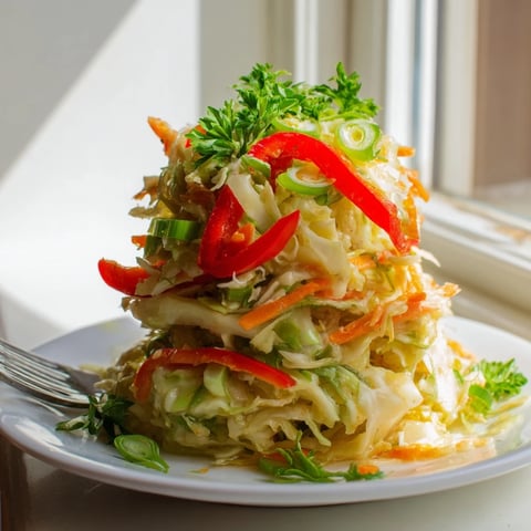 A vibrant bowl of Sauerkraut Slaw with shredded cabbage, carrots, and red bell peppers tossed in a light vinaigrette.  