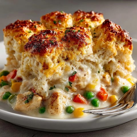 A steaming, delicious close-up of Chicken Pot Pie Casserole showing its creamy, savory filling.