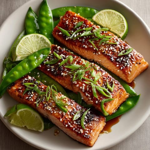 Tender Quick Ginger-Sesame Glazed Salmon, served hot, with a side of crisp stir-fried snap peas and sesame seeds.