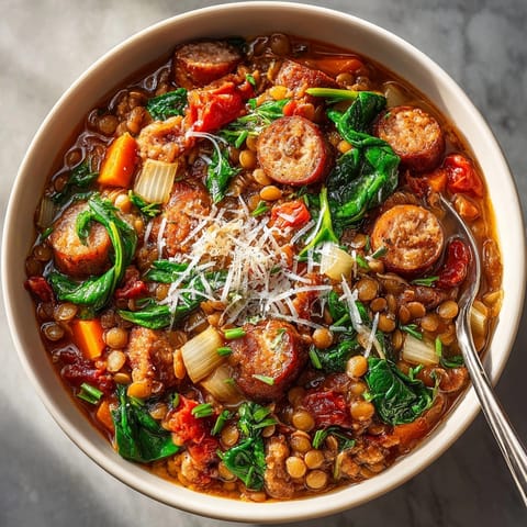 Savory One-Pot Italian Sausage and Lentil Stew, ready to be served with crusty bread for a delightful meal.