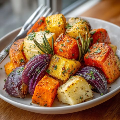 Sizzling image of Seasonal Roasted Root Vegetables with Rosemary, showcasing colorful, tender, roasted root vegetables on a sheet.
