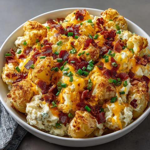 A close-up of creamy, cheesy Loaded Baked Potato Casserole, perfect for a comforting dinner.