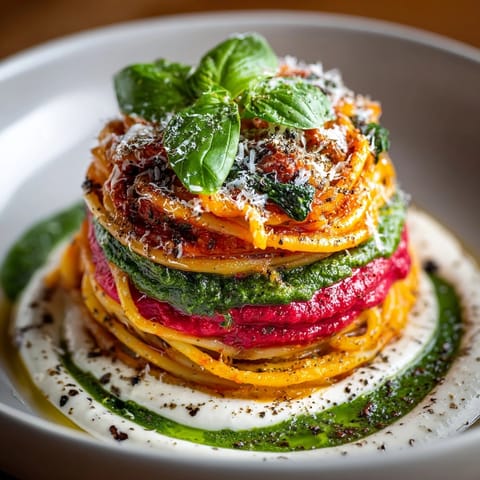 A close-up shot of the Ombre Pasta Bowl reveals the beautiful gradient sauce technique's layers.