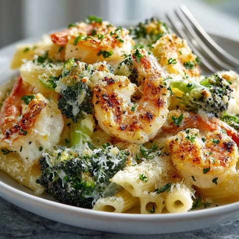 Creamy Shrimp and Broccoli Alfredo Bake with penne pasta, cheese topping, and vibrant green broccoli.