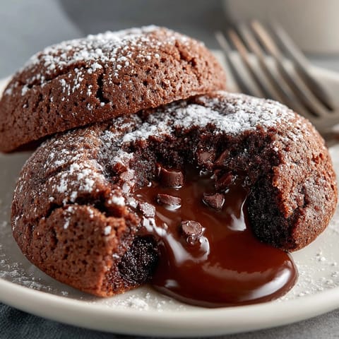 Warm Chocolate Lava Cookies oozing rich melted chocolate, served on a white dessert plate