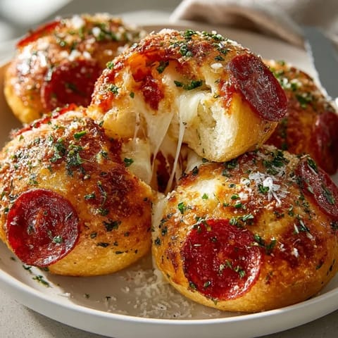 Cheesy Pepperoni Pizza Bombs topped with parmesan, ready to dip in warm pizza sauce.