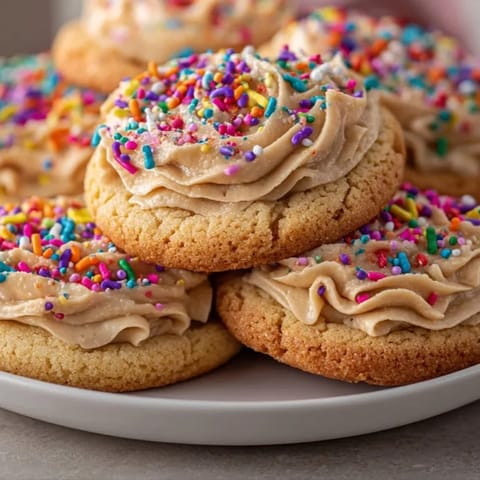 Close-up of homemade Peanut Butter Frosted Sugar Cookies, ready to be served as dessert.