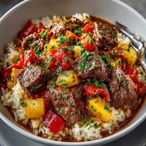 Comforting bowl of homemade Cajun Beef Stew with Rice; hearty, flavorful, perfect family dinner.