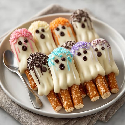 Homemade White Chocolate Ghost Pretzels, a delightful combination of sweet, salty, and slightly melty.