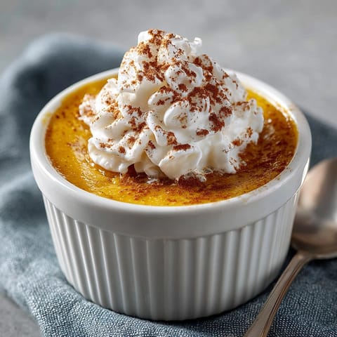 Individual Maple Pumpkin Custard Cups, speckled with spice, cooling in a water bath.