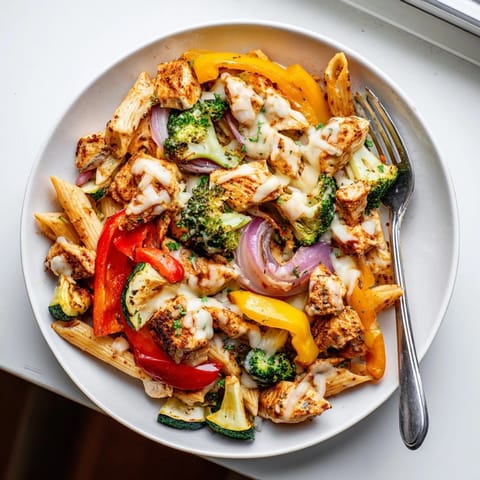 Close-up of creamy Cajun Chicken Alfredo Veggie Bake, featuring tender chicken and vibrant vegetables.