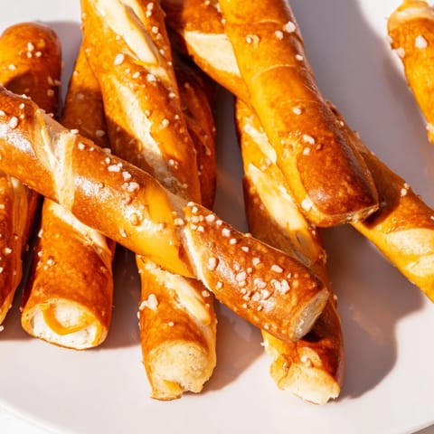 Savory Cream Soda Cheesy Pretzel Biscuit Sticks, fresh from the oven, ideal for snacking.  